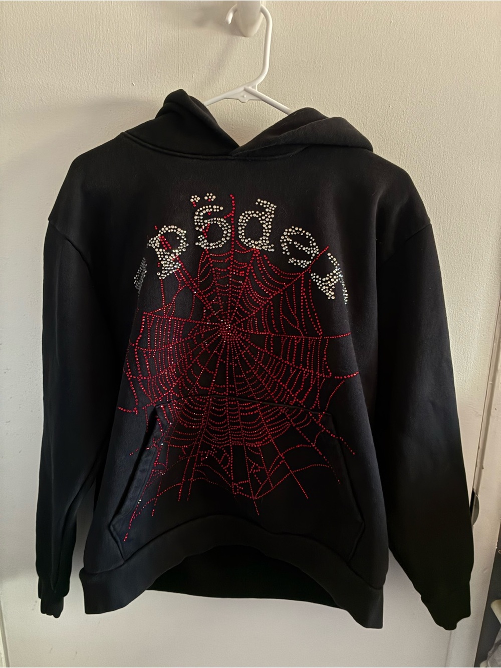 Obey Black Crewneck with Red Rhinestone Spiderweb and Silver Logo